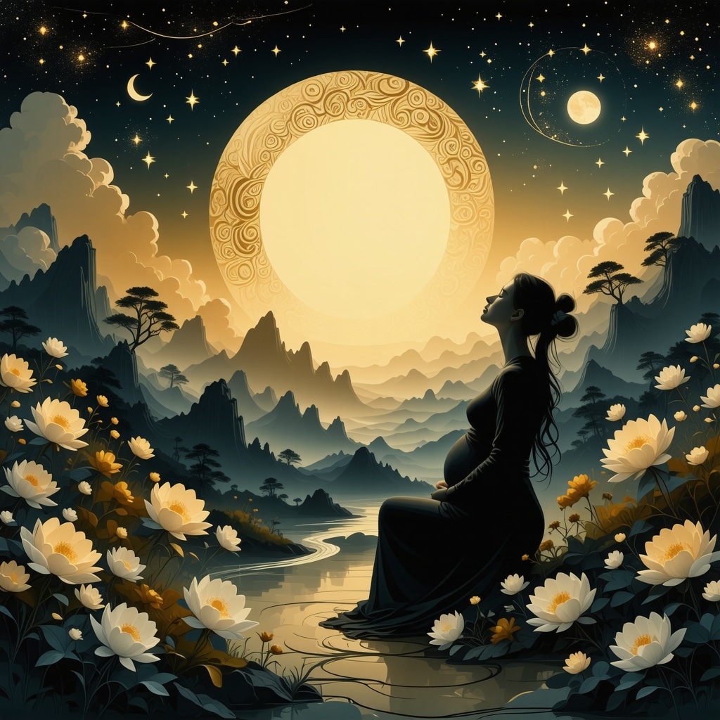 Artistic depiction of pregnancy and spiritual symbols in an Islamic dream context