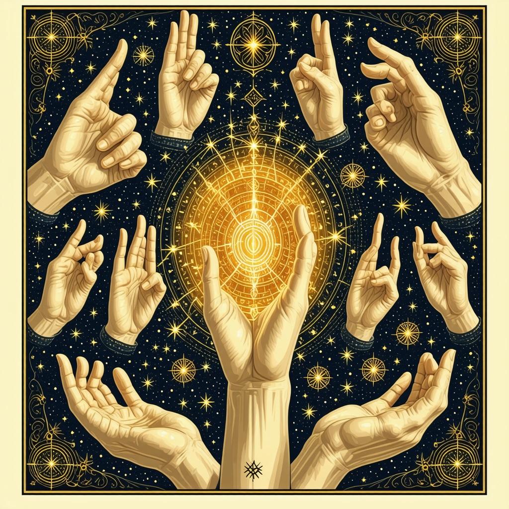 Illustration of hands with various symbolic gestures in Islamic art style