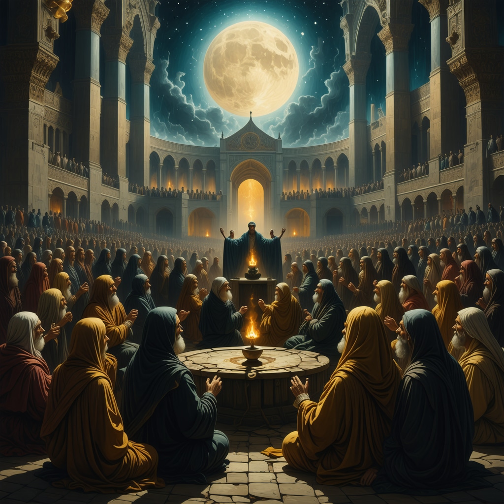 Illustration depicting the Islamic Day of Judgment with spiritual and symbolic elements