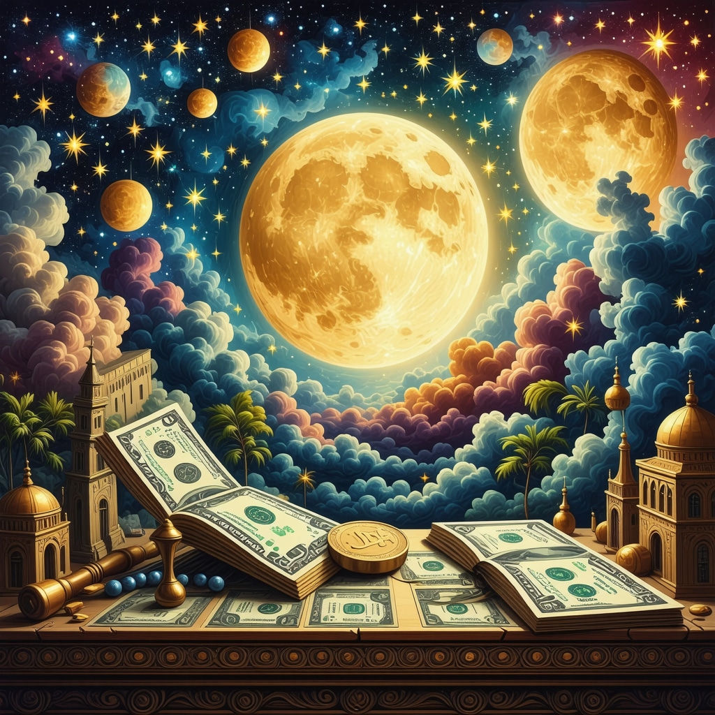 Islamic artwork depicting a dream about money and spiritual symbols