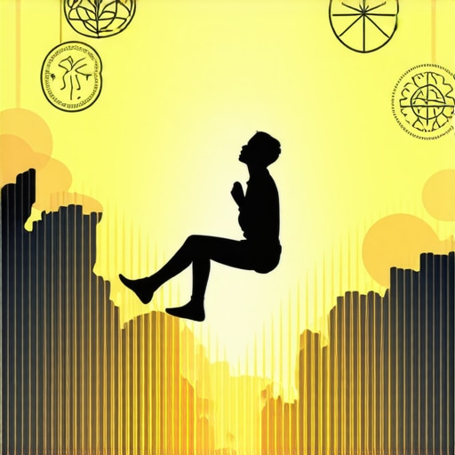 Person reflecting on a dream about falling, surrounded by spiritual symbols.