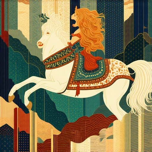 Islamic artwork depicting a majestic horse galloping in a symbolic landscape.